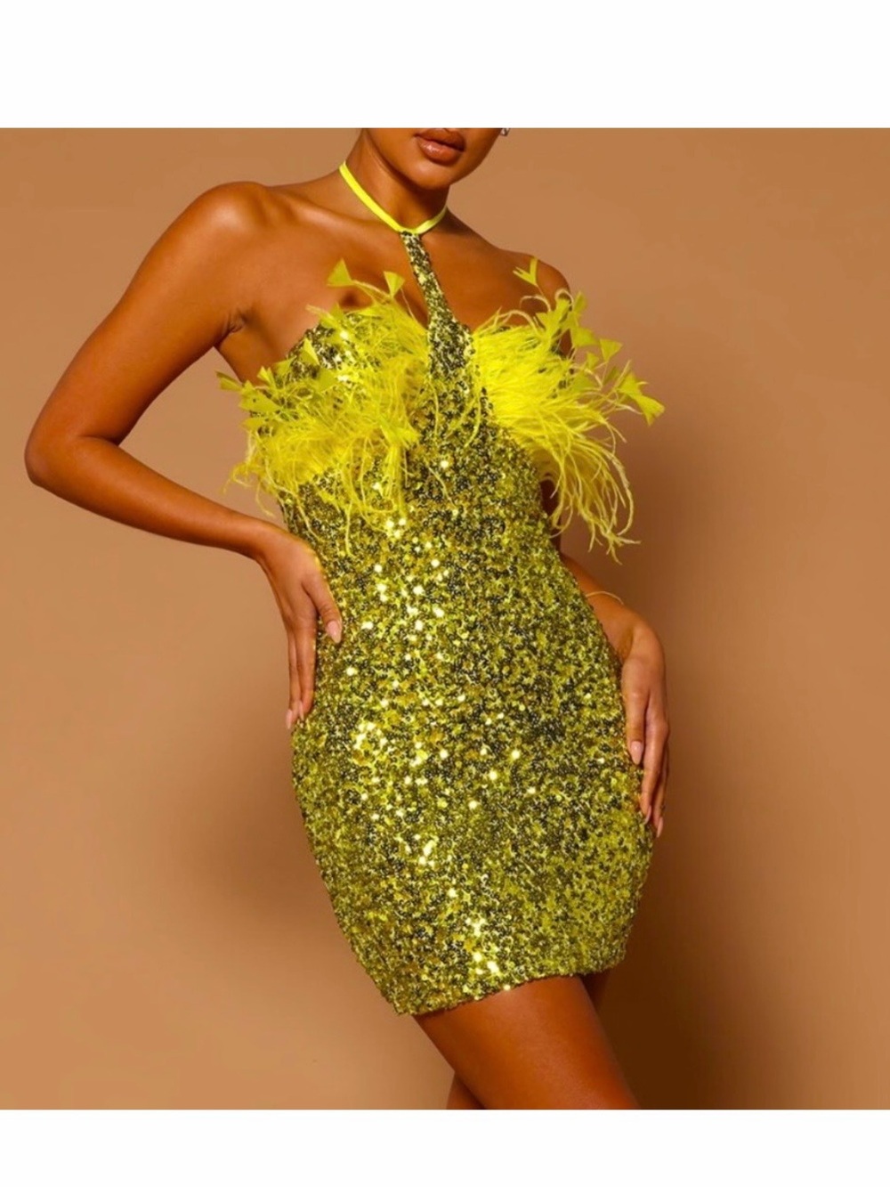 Fashion Nova Yellow Sequin Feather Halter Mini Dress